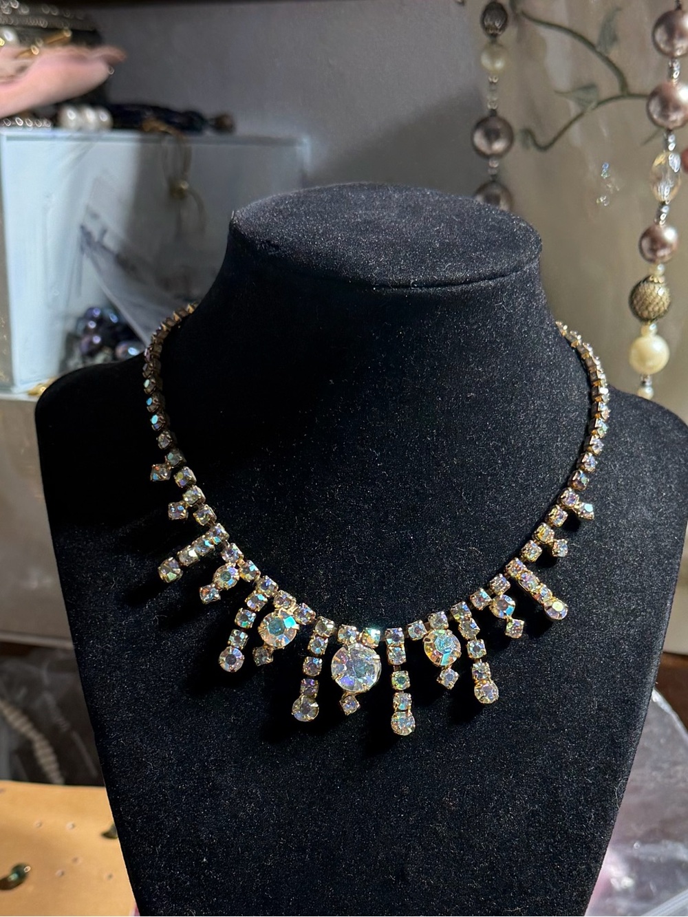 Vintage Gold Tone Aurora Borealis Rhinestone Necklace